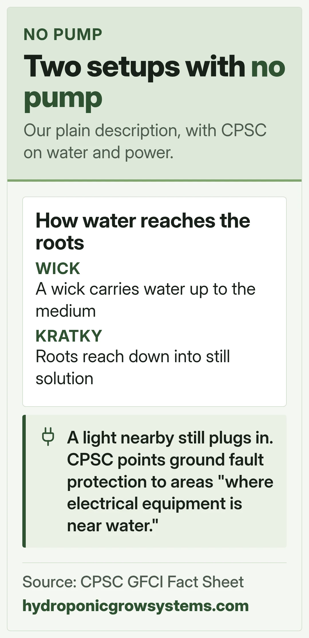 Two setups with no pump. Our plain description, with CPSC on water and power.